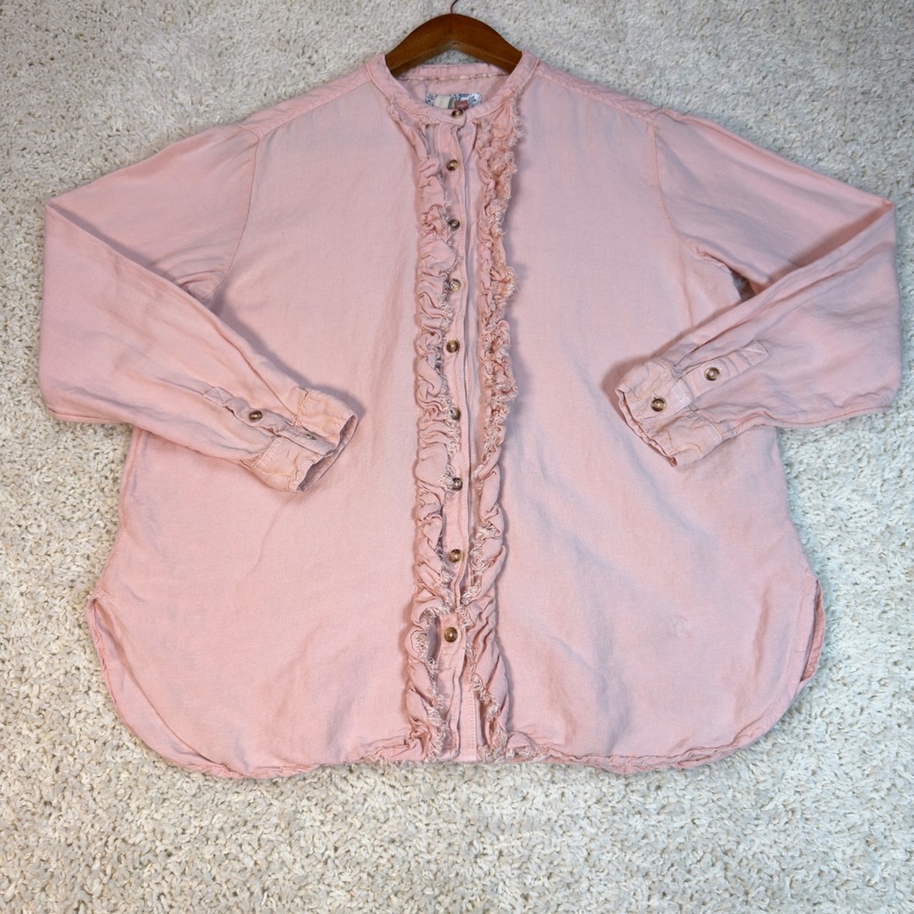 Pilcro Ruffle Button Down Shirt Womens M Pink Linen Blend Boho Blouse OB1466704
